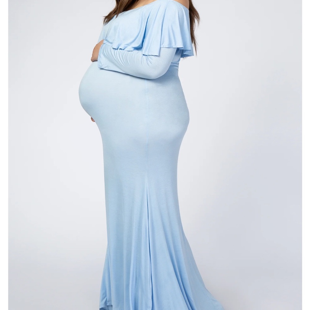 PinkBlush Light Blue Off Shoulder Ruffle Maternity Photoshoot Gown/Dress